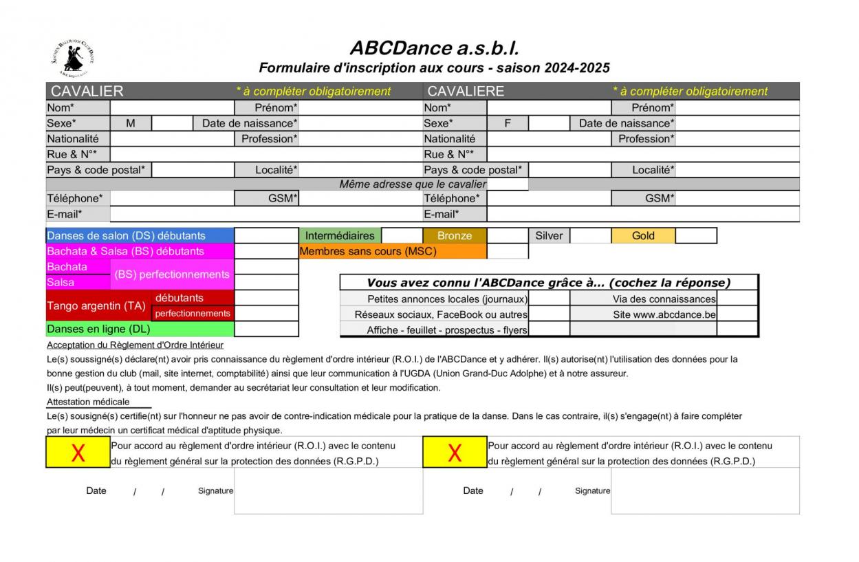 Formulaire inscriptions abcdance 2024